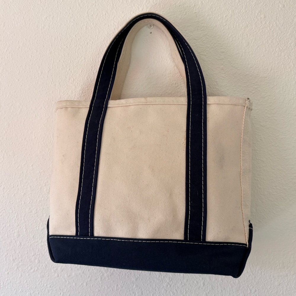LL Bean Boat and Tote Mini Canvas Tote Bag with Navy Trim - Cream and Navy